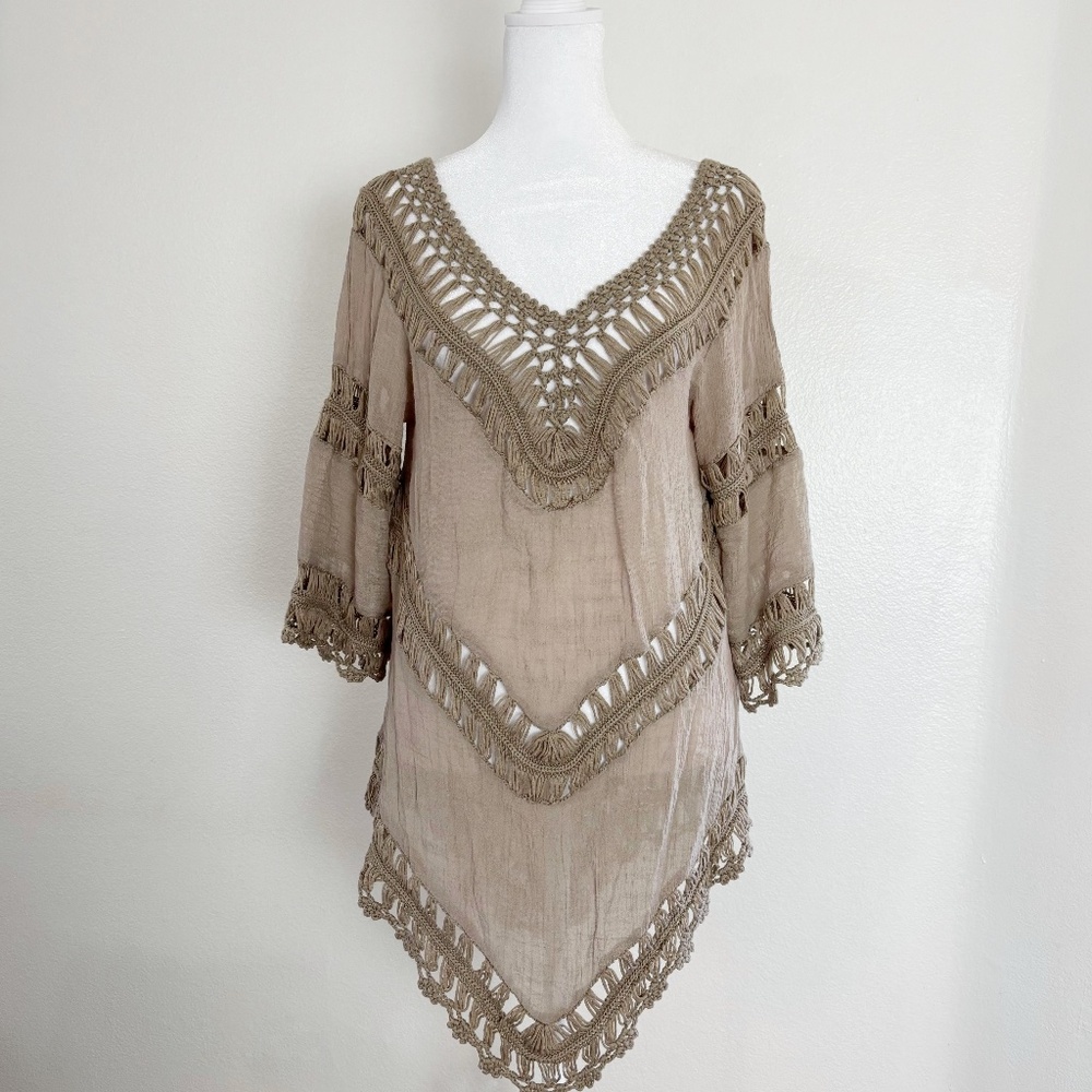 Cecico Taupe Crochet-Trim Tunic Top | Size S
